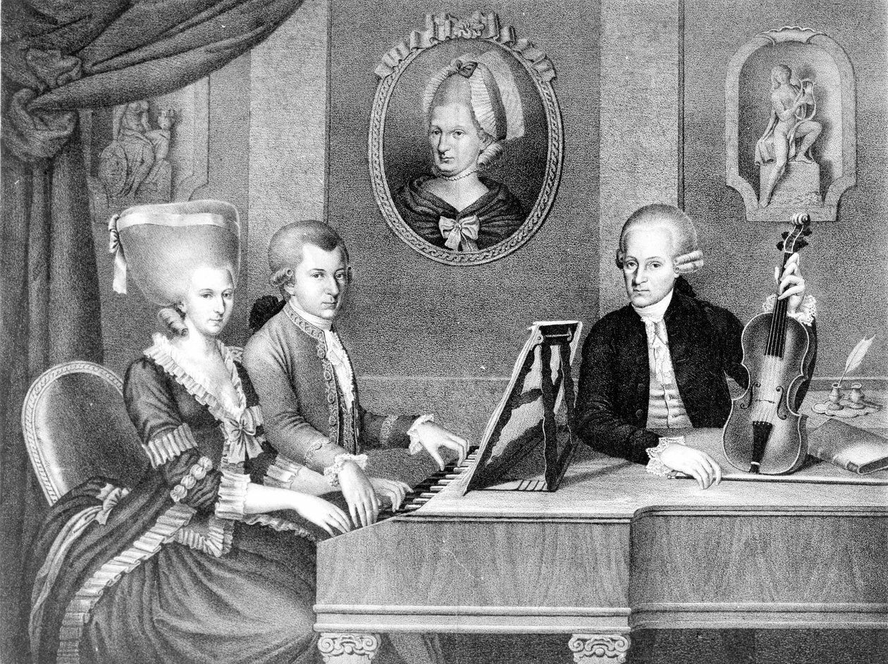 Wolfgang Amadeus Mozart (1756 - 1791) 的父亲和母亲的肖像。 19 世纪的石版画。 作者 未知艺术家