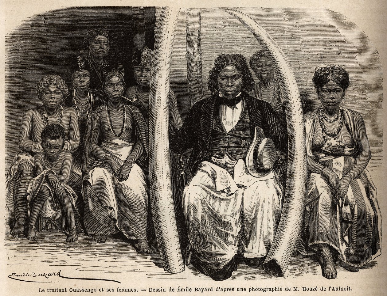 一位非洲象牙商人的肖像，围绕着他的妻子。 埃米尔·贝亚德（Emile Bayard，1837-1891 年）的绘画，描绘了格里芬·杜贝莱医生在 1861-64 年前往加蓬的旅程。 雕刻在“Le tour du monde”，Edouard Charton 编辑 作者 未知艺术家