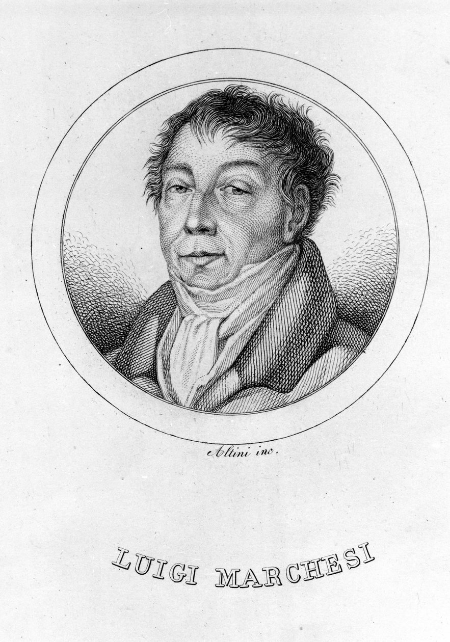 意大利阉割者 Luigi Marchesi (1754 - 1829) 的肖像，也被称为 Marchesini。 19 世纪的雕刻。 作者 未知艺术家