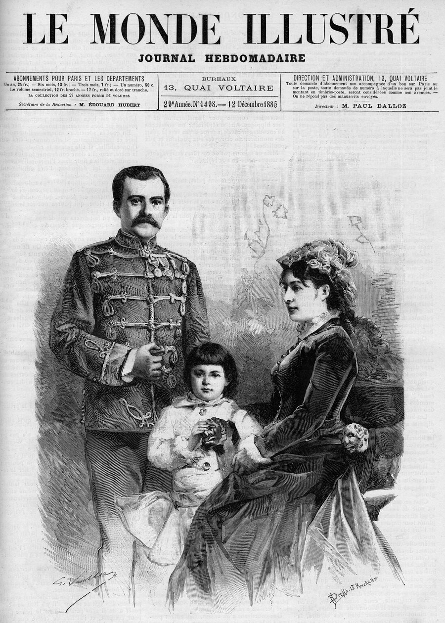 塞尔维亚国王米兰一世（Milan Obrenovich）（1854-1901）的肖像，它被娜塔莉王后和她的王位继承人亚历山大王子包围着，在《1885年的插图世界》。 作者 未知艺术家