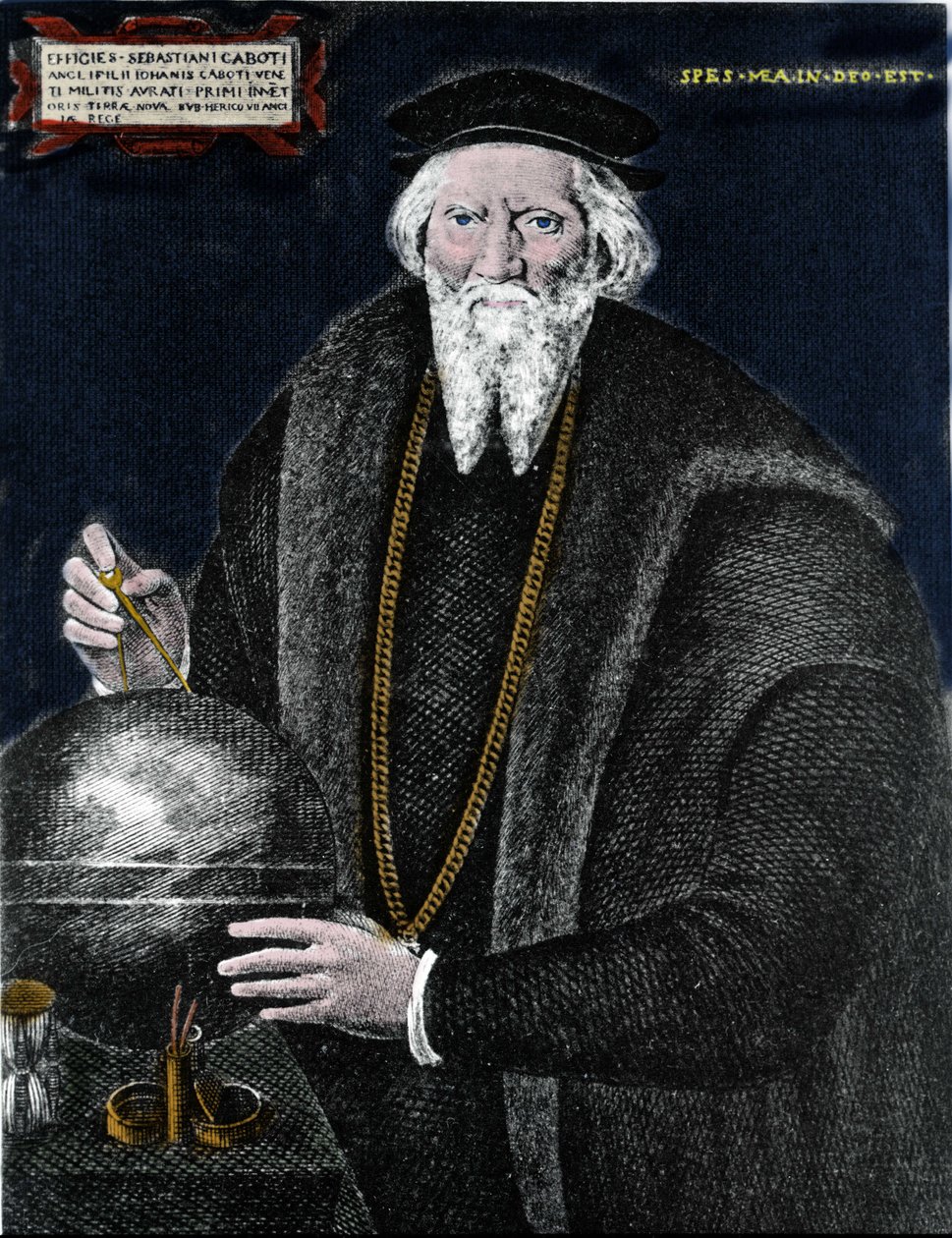 航海家塞巴斯蒂安·卡博托 (Sebastien Cabot) (1476 - 1557) 的肖像，他与父亲一起发现了拉布拉多和纽芬兰。 雕刻。 作者 未知艺术家