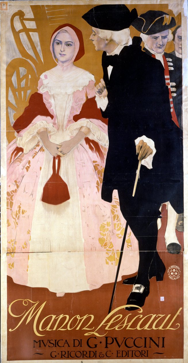 贾科莫·普契尼 (Giacomo Puccini，1858-1924) 歌剧“Manon Lescaut”的海报，约 1893 年。 作者 未知艺术家