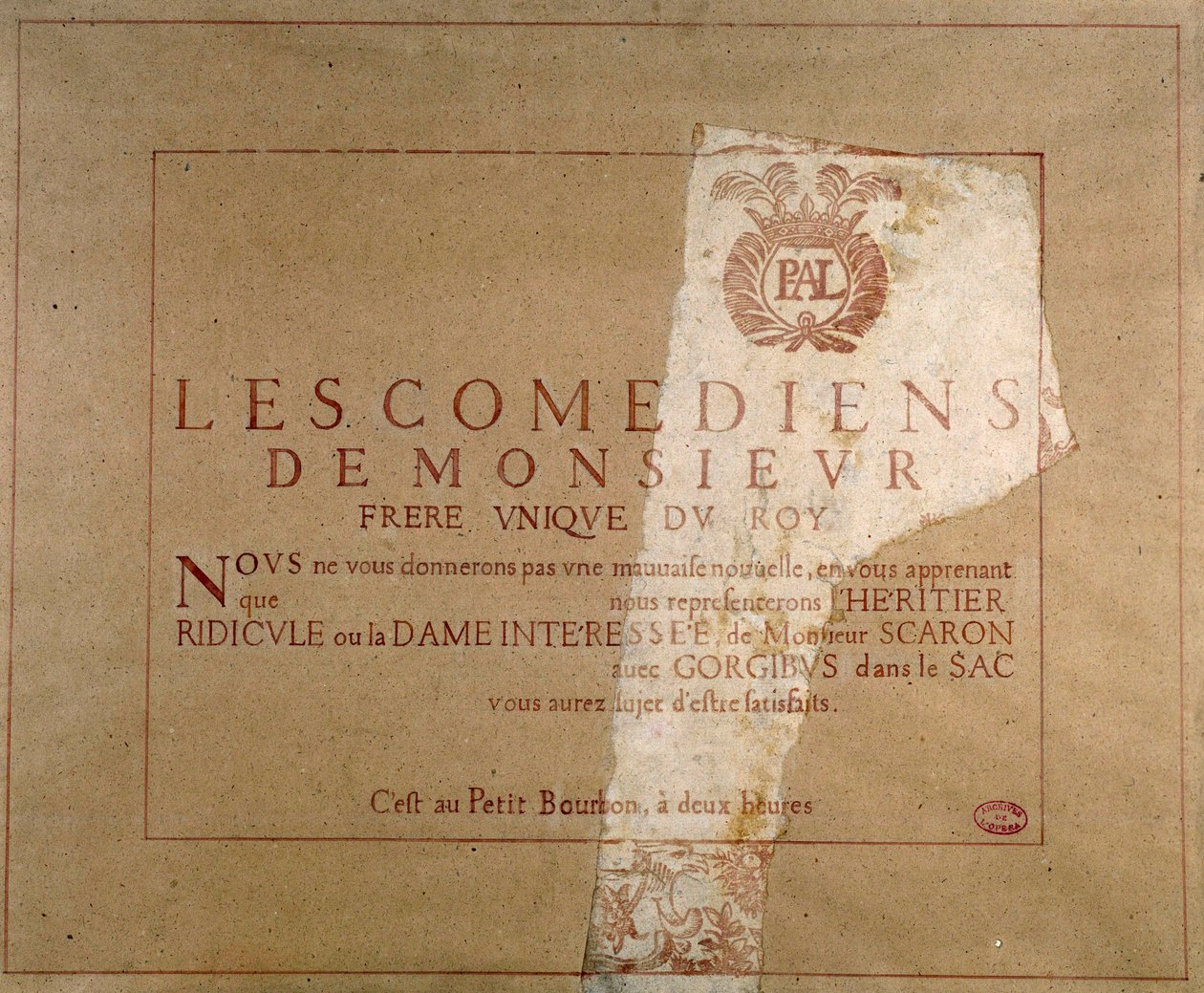 戏剧公司 "Les comediens de Monsieur "的海报，宣布保罗-斯卡隆的 "L