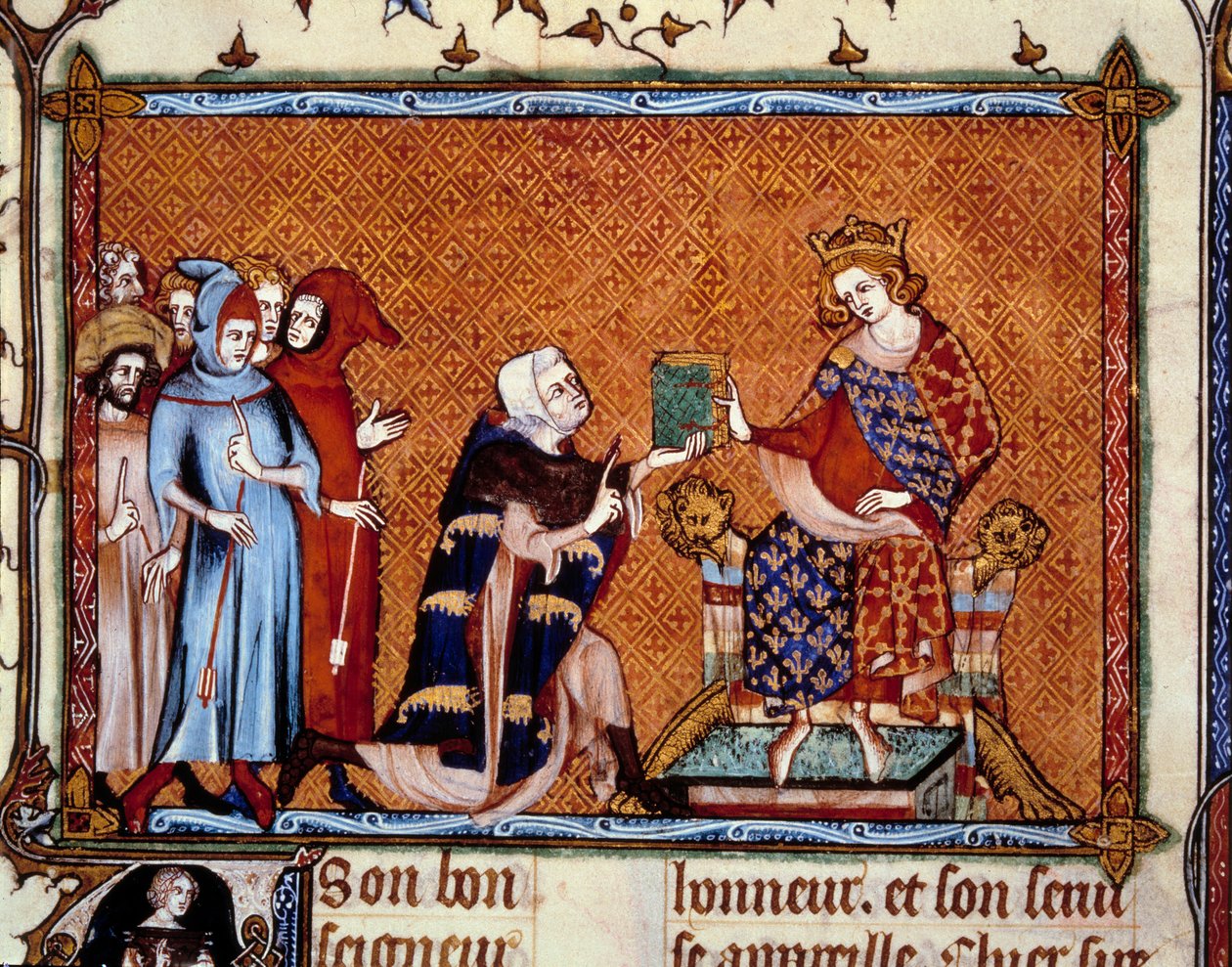 书的介绍。让-德-儒安维尔（Jean de Joinville，1224-1317）向纳瓦拉国王未来的路易十世（Louis X the hutin）赠送他的书。圣路易传》中的微型画 作者 未知艺术家