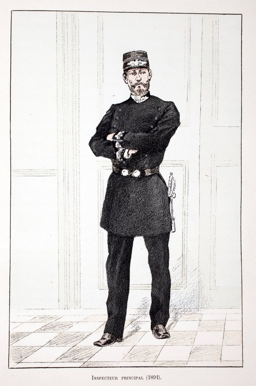 首席督察 (1894)。 蚀刻颜色，作为插图“”Histoire du corps des gardiens de la paix ”””由塞纳河警察局长 Louis Lepine (1846-1933) 主持出版的书，作者是 Alfred Rey (1864-?) 和 Louis Feron （1862-？） 作者 未知艺术家