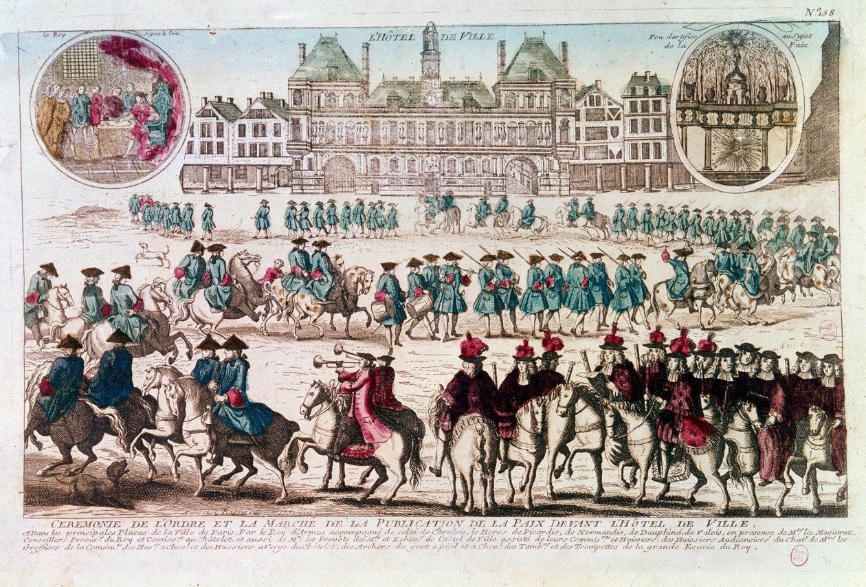 在市政厅（Place de Greve）前举行和平出版仪式时游行。 18 世纪 B.N. 的雕刻 巴黎 作者 未知艺术家