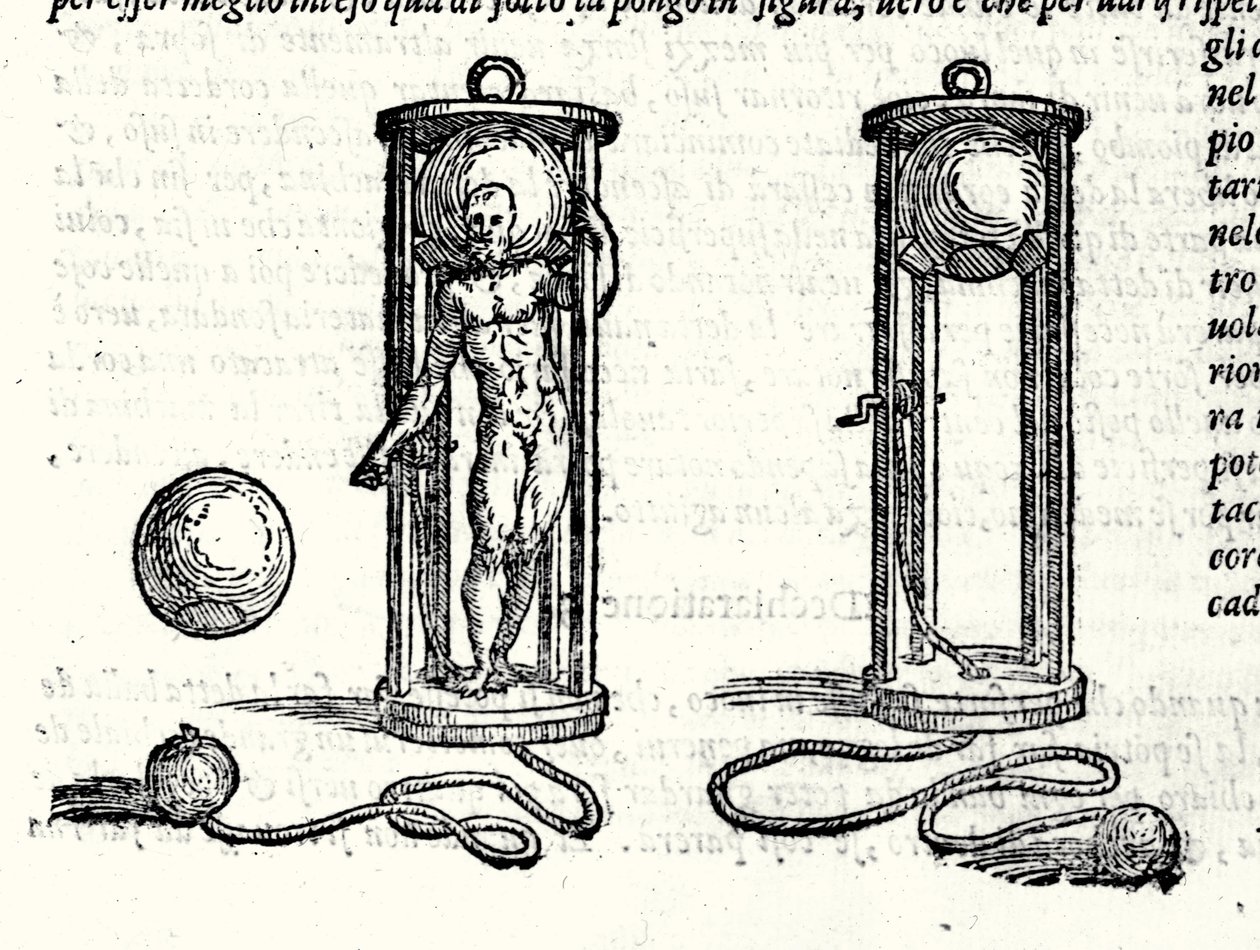尼科利-丰塔纳（Nicoli Fontana）的第一个scaphander项目，被称为Tartaglia（1499 - 1557）在1551年。16世纪的雕版画。 作者 未知艺术家