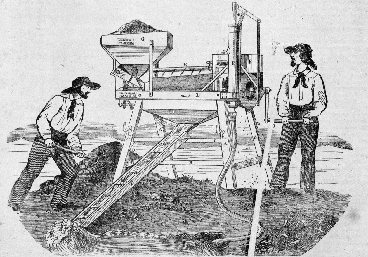 酒吧“The Fortune, Company of the Gold Mines of California”：图片描绘了两个淘金者在洗衣机中工作并混合黄金 - 6 月 25 日的“Charivari” 作者 未知艺术家