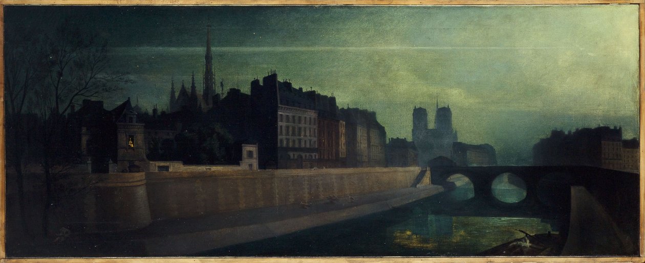 约 1860 年，Quai des Orfêvres、Pont Saint-Michel、Notre-Dame；1855 年至 1865 年，夜景，今第一区和第四区（布面油画） 作者 未知艺术家
