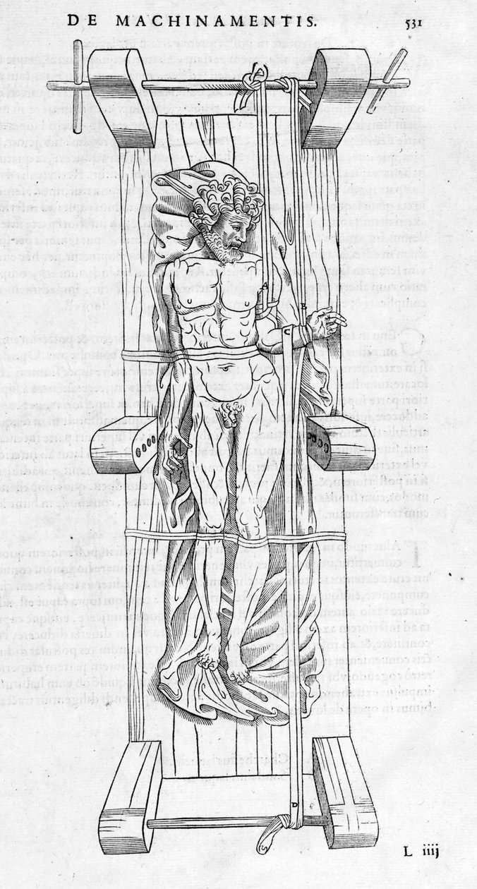 Reduction of fractures: a man is fixed on a stretcher, his broken arm is stretched between the two axes. Plate illustrated of “” De dissectione partium corporis humani lbri tres... “” by Carlo Stefano Riverio, Paris 1545. 作者 未知艺术家