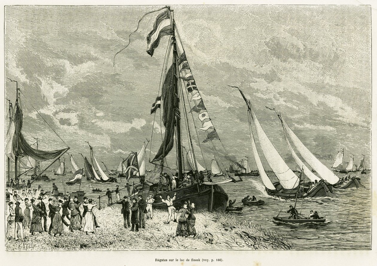 Regates on Lake Sneek (Netherlands). Engraving to illustrate the story La Frise, based on a relationship of a Dutch newspaper, in le tour du monde 1886, directed by Edouard Charton (1807-1890), Hachette, Paris. 作者 未知艺术家