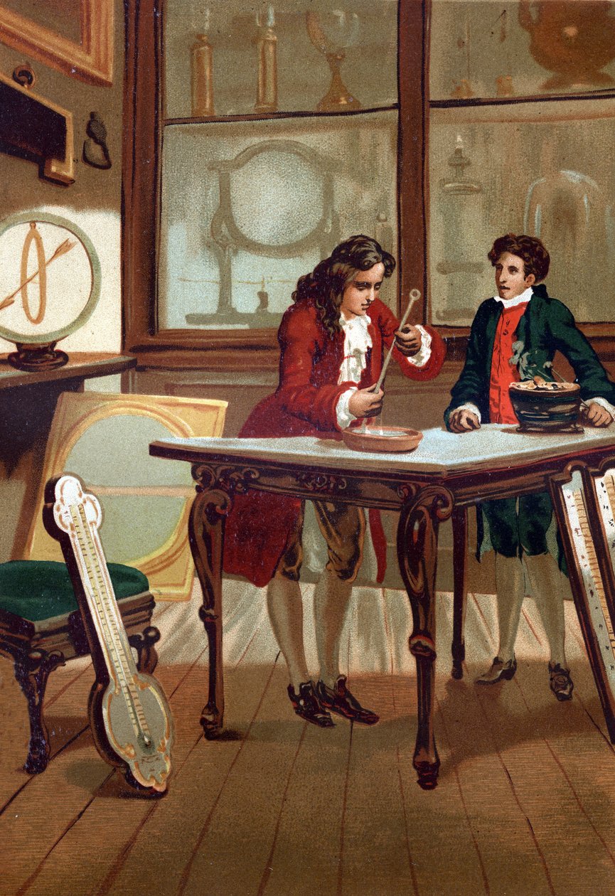 René Antoine Ferchault de Réaumur (1683-1757)，法国化学家和物理学家，1730年建造了他的温度计。 在 "La Ciencia y sus Hombres par Louis Figuier "巴塞罗那1881年之后 作者 未知艺术家