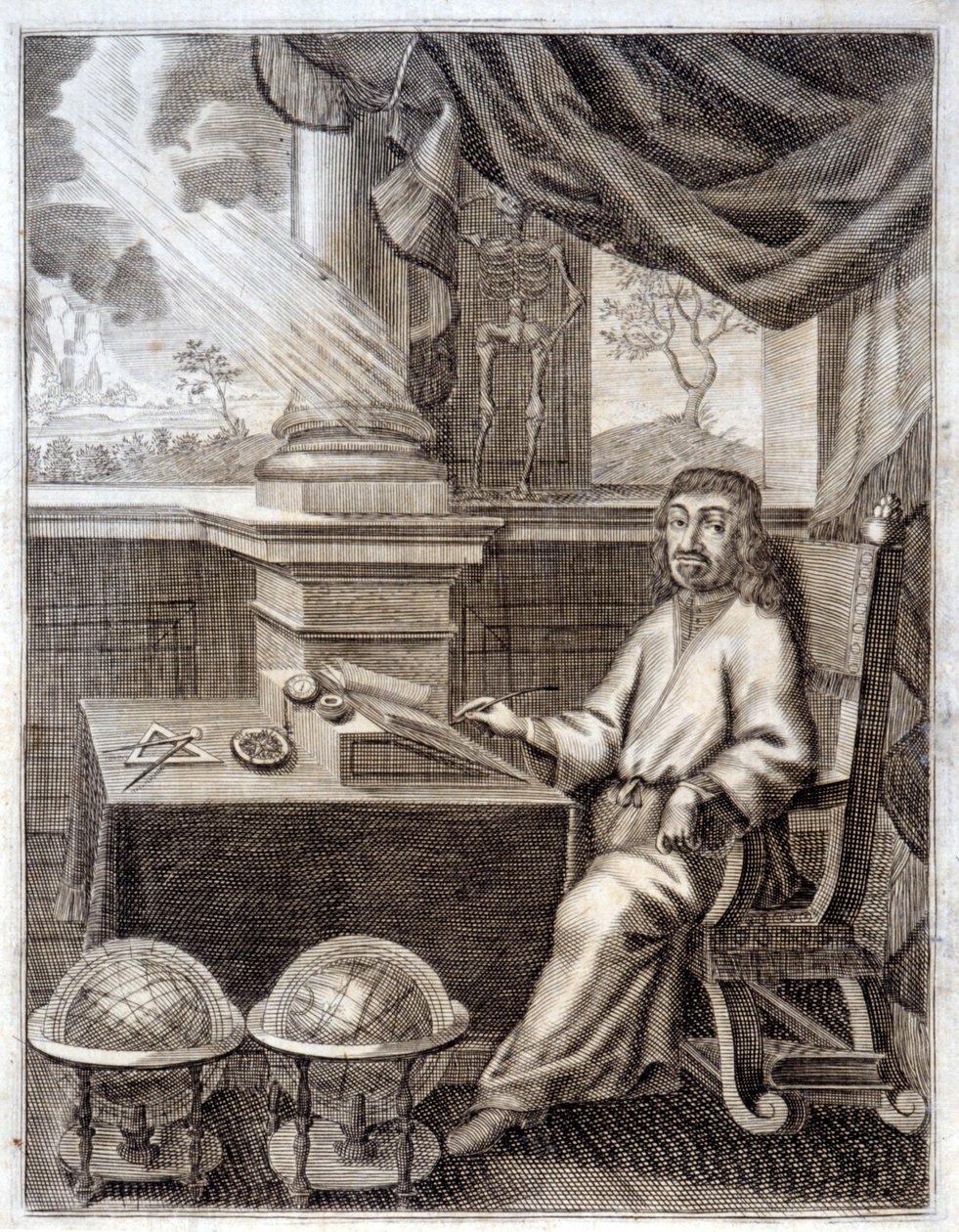 笛卡尔（René Descartes，1596 - 1650）在他的办公室和科学设备。17世纪的雕版画。 作者 未知艺术家