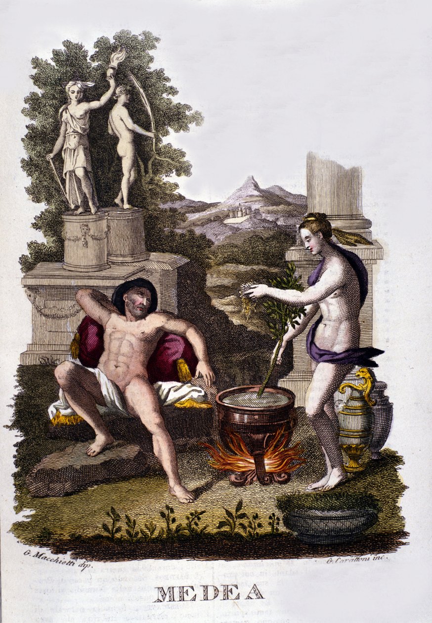 Representation of Medea preparing his curses after the cycle of Argonauts. Engraving of the 19th century. 作者 未知艺术家