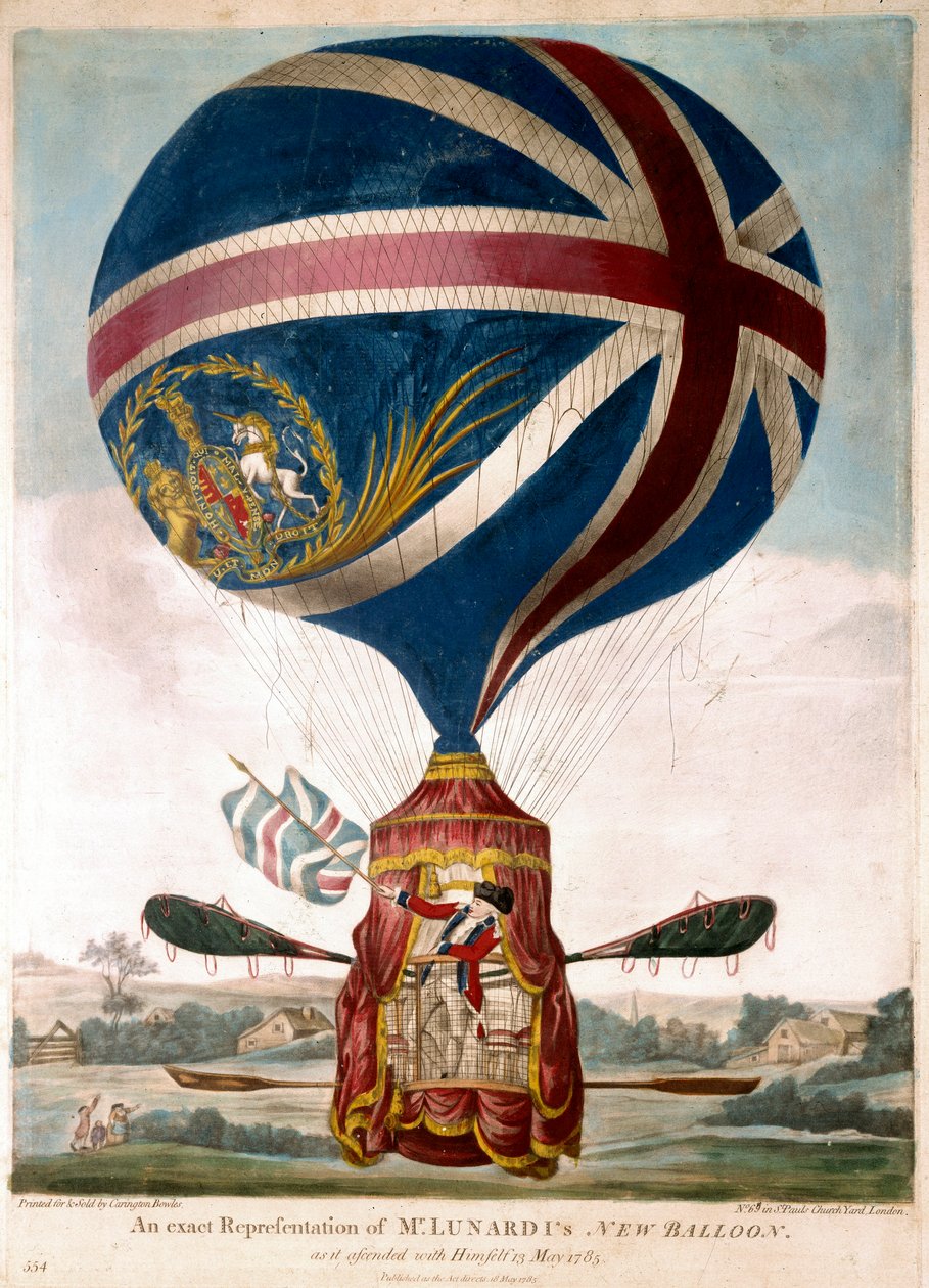 1785年5月13日Vincenzo Lunardi制作的新气球的代表作，他是1783年第一个飞越英国的人。气球的画布上有联合杰克的图案。1785年左右的雕刻。私人收藏 作者 未知艺术家