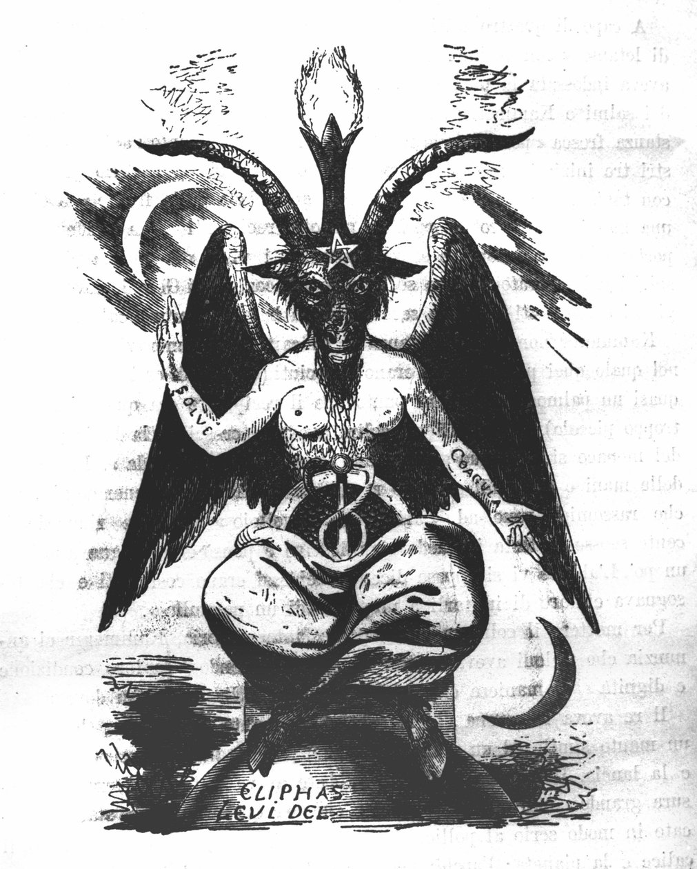 Baphomet 的代表：一个有山羊头的怪物和一个女人的身体，手臂上有炼金术语录“解决”和“凝固”，两腿之间的落叶和额头上的五角星。 伊莱法斯·列维的恶魔 (Alphonse Louis (Alphonse Lo 作者 未知艺术家
