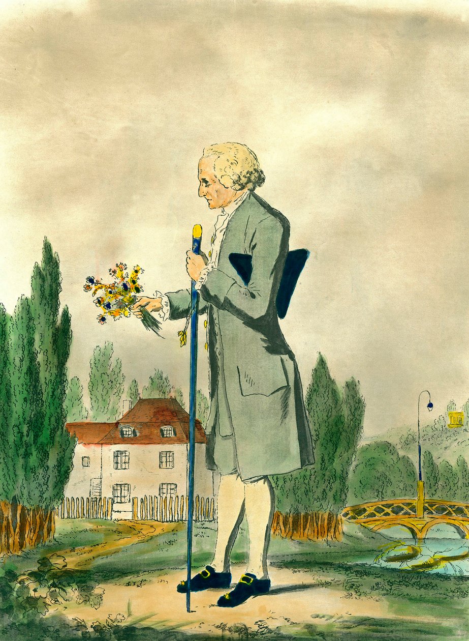 瑞士哲学家让·雅克·卢梭（Jean Jacques Rousseau，1712-1778 年）在 Ermenonville 采花的代表作。 18 世纪的雕刻。 私人收藏。 作者 未知艺术家