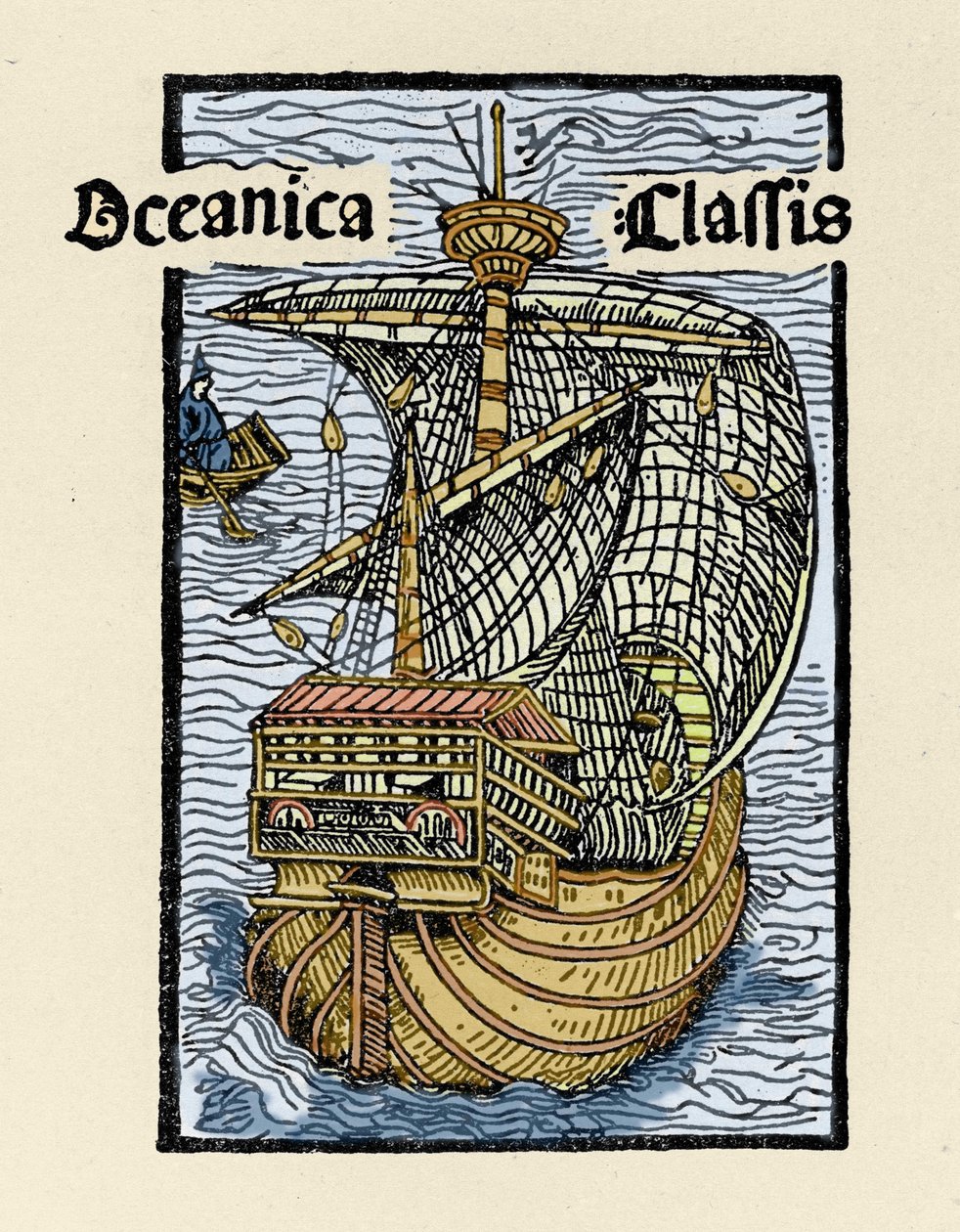 克里斯托弗·哥伦布（Christopher Columbus，1451-1506 年）描绘的圣玛丽亚狂欢节。 雕刻自“De insulis in mare Indico superinventis”，Bale 1493-1494（哥伦布给西班牙国王的报告的拉丁语翻译）。 作者 未知艺术家