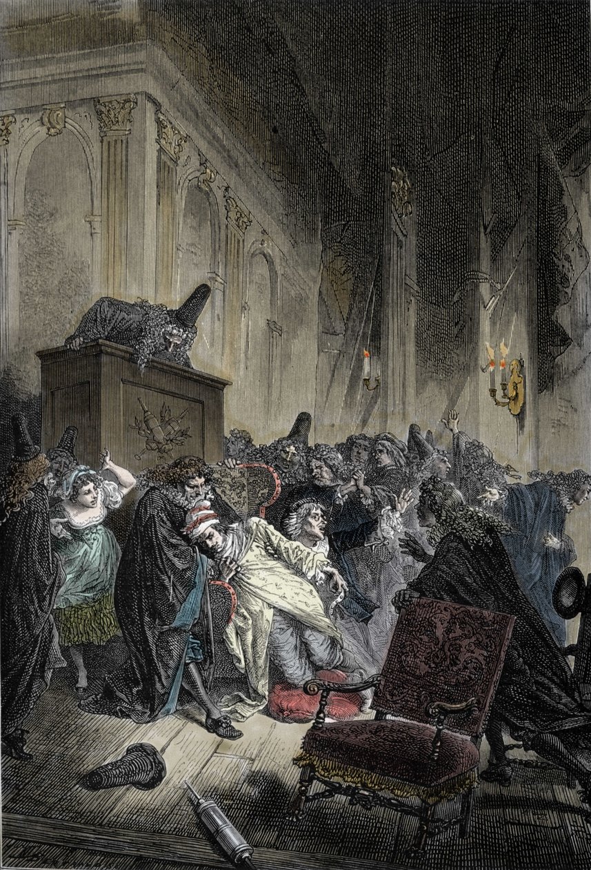 Jean-Baptiste Poquelin, dit Moliere (1622-1673)在1673年2月17日 "想象中的病人 "表演中因肺部充血而死亡的表现。 作者 未知艺术家