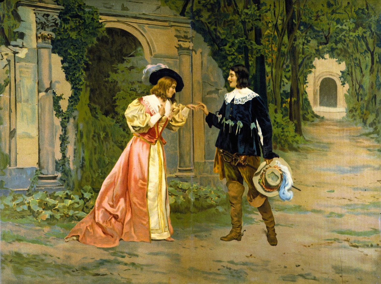 Gaetano Donizetti 的歌剧“Lucie de Lammermoor”（Lucia di Lammermoor）第一幕中埃德加和露西亚交换戒指的表现。 作者 未知艺术家