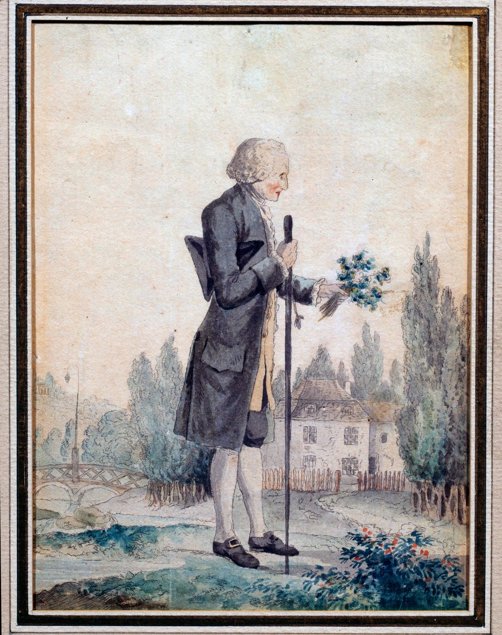 Representation of the philosopher Jean Jacques Rousseau (1712-1778) picking flowers in Ermenonville. Watercolour of the 18th century. Paris, Musee Carnavalet 作者 未知艺术家