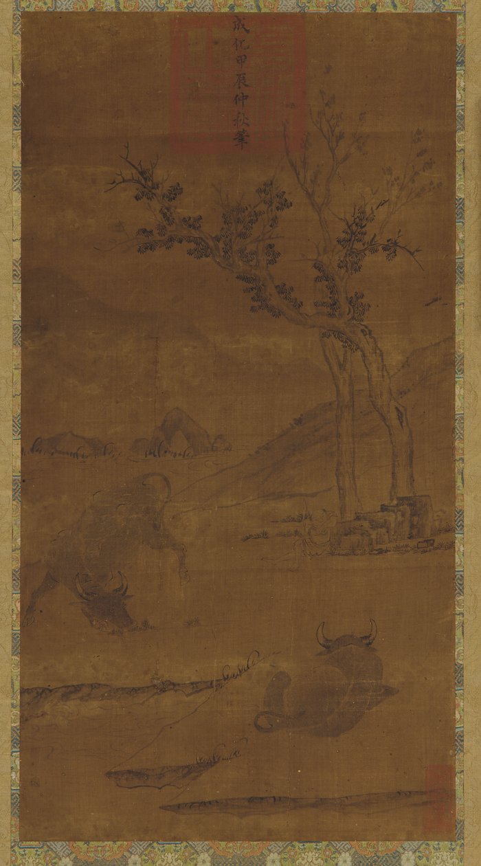 河流景观：两只水牛和一个打盹的牧童 作者 未知艺术家
