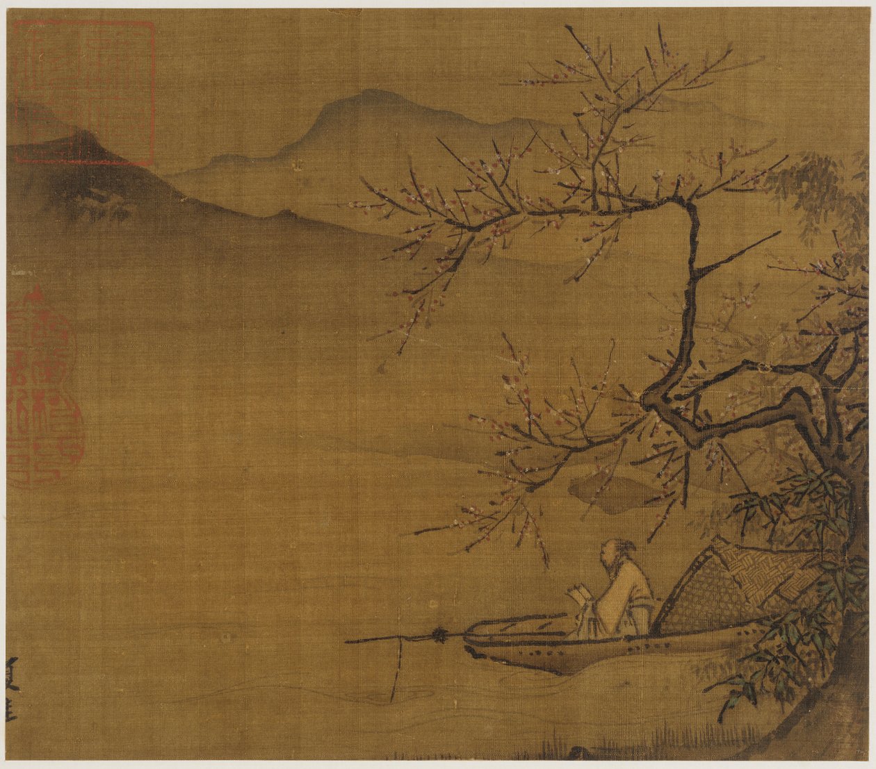 河流景观：一位男子在一棵开花的树下停泊的小船上读书 作者 未知艺术家