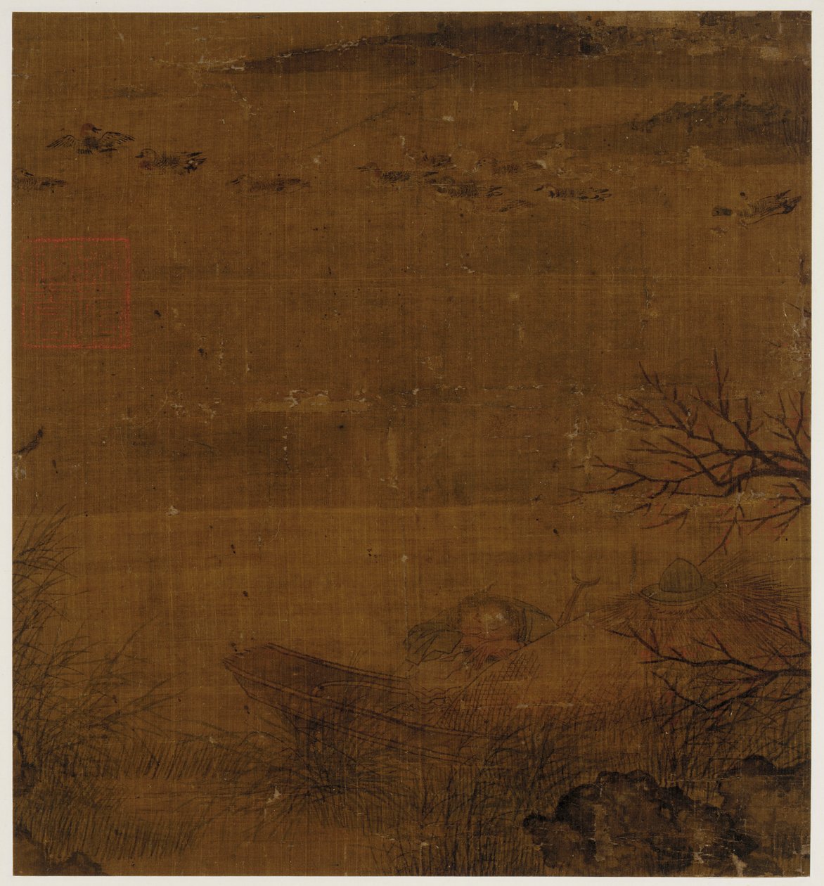 河流场景：一个人在船上睡觉--鸭子在旁边游泳 作者 未知艺术家