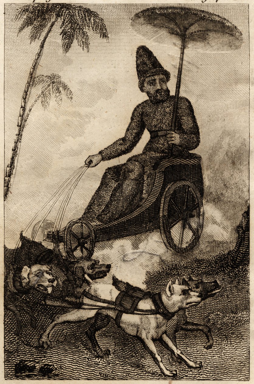 鲁滨逊·克鲁索（Robinson Crusoe）骑着六辆长途跋涉的战车，在丹尼尔·迪福（Daniel Defoe）的《鲁滨逊·克鲁索的复仇者》中插入了版画 作者 未知艺术家