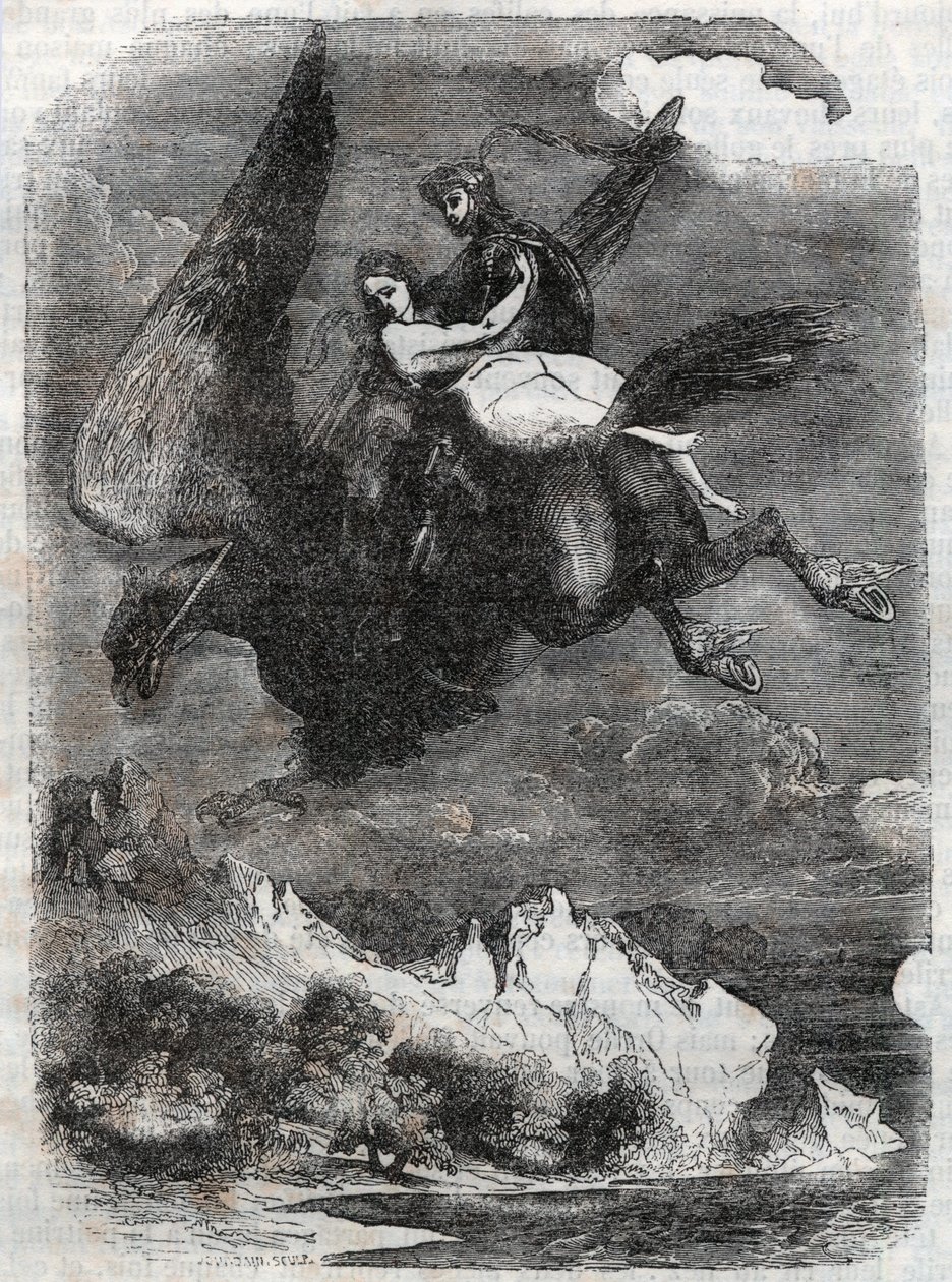 罗杰（Ruggero，Ruggiero）和安吉莉卡（Angelica）在海马上--1851年的雕刻，出自卢多维科-阿里奥斯托（Ludovico Ariosto）（16世纪）的《Roland furieux》（Orlando furioso），被称为阿里奥斯托--由特雷桑伯爵从意大利语翻译并出版的版本。 作者 未知艺术家