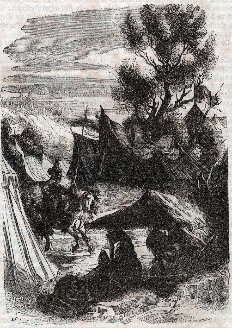 罗兰（Saracen）营地中的罗兰（Roland）-雕刻自1851年的“《愤怒的罗兰》（Furious Roland）” 作者 未知艺术家