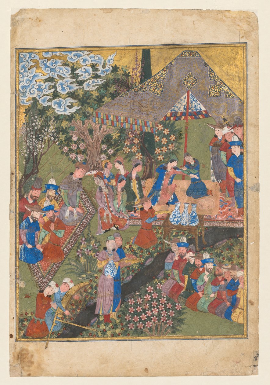 风景中的皇家接待》，右对开页，选自 Firdausi（波斯人，约 940-1019 年或 1025 年）《Shahnama》（国王之书）的双正面插图（背面） 作者 未知艺术家