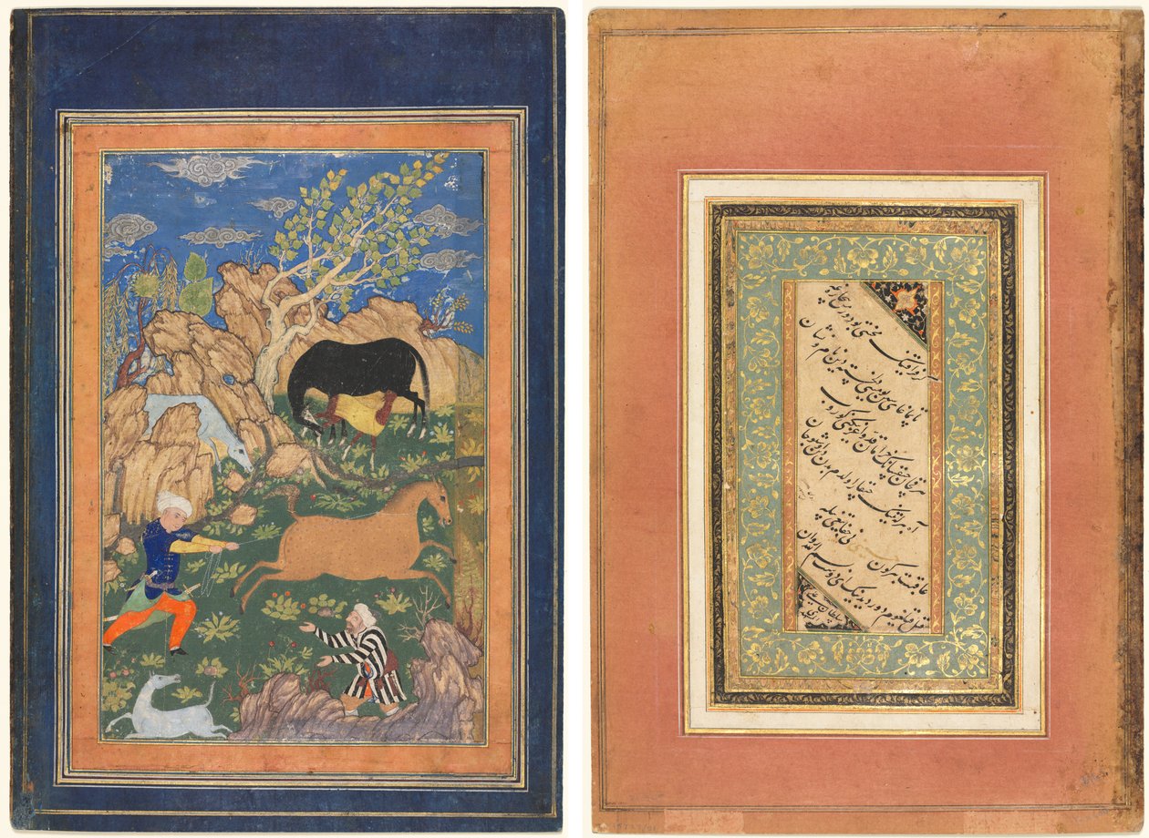 鲁斯塔姆在风景画中套马拉赫什（正面）；书法，波斯诗句（背面） 作者 未知艺术家