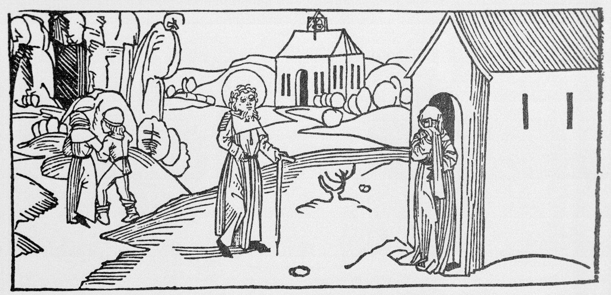 圣牧师。 Voragine (1228-1298) 的 Jacobus (James) 的“Leben der Heiligen - sommsteil”（圣人之书）雕刻。 杜贝克 1488。 作者 未知艺术家