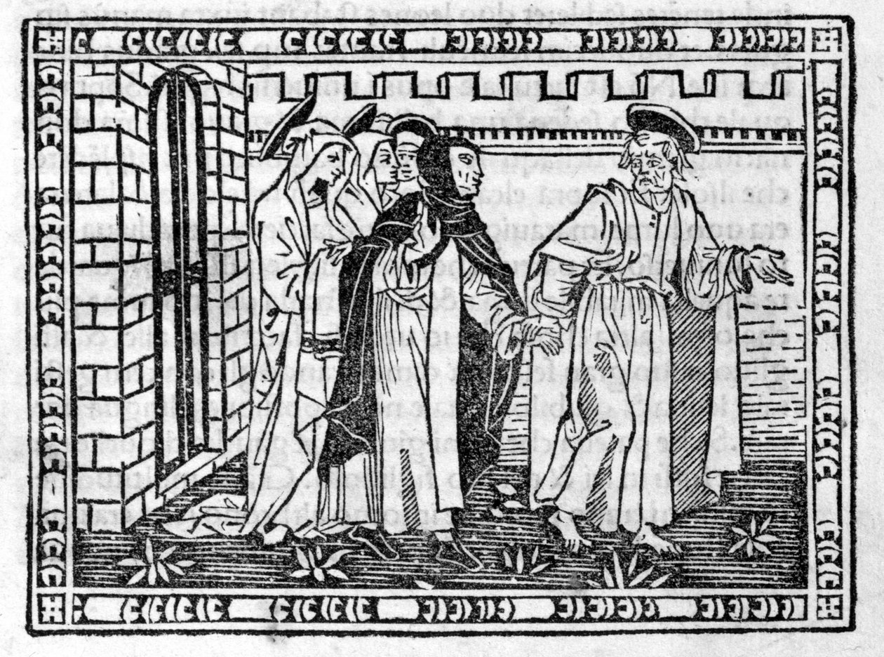 圣彼得被萨沃纳罗拉（Jerome Savonarola）（1452 - 1498）牵着走--在 "启示录汇编 "中，1496年4月23日的unabule。 作者 未知艺术家