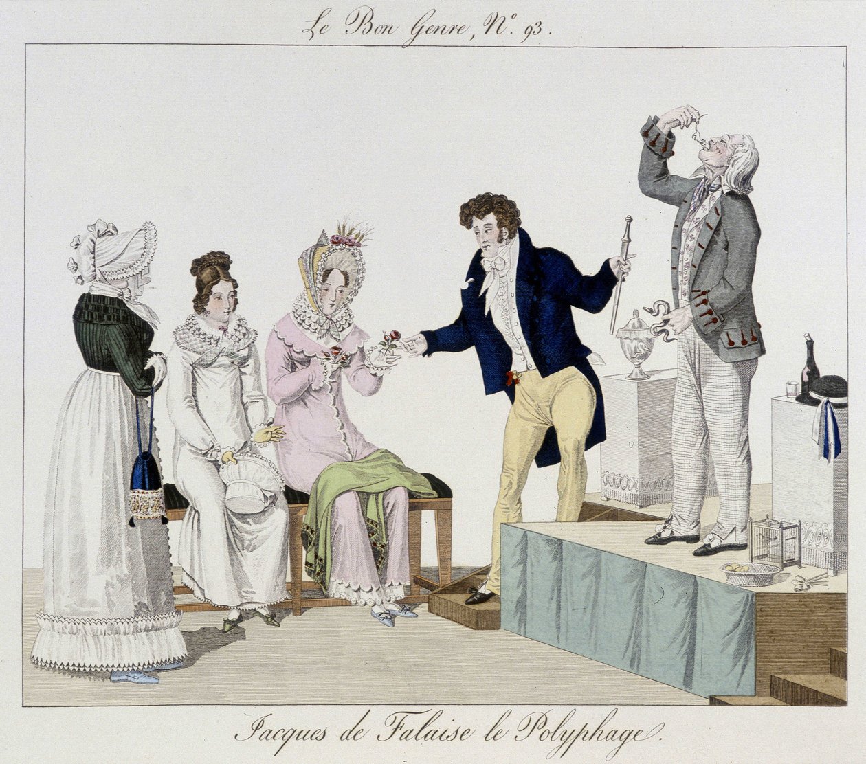 Saltimbanque: Jacques de Falaise the polyphage (他吞下任何东西，活的动物...) - 在 "Le bon genre", deb.19世纪 作者 未知艺术家