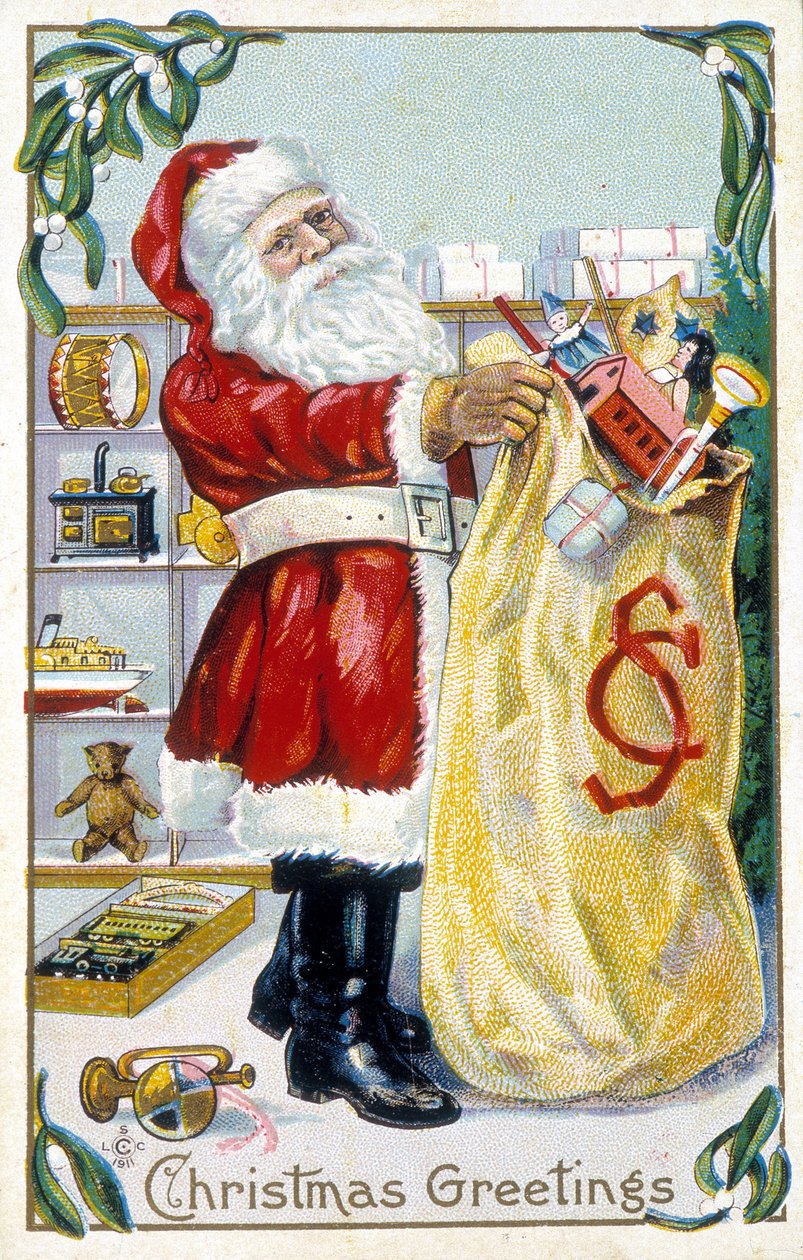 Santa Claus preparing gifts - Christmas card. American greeting card sd. late 19th century. 作者 未知艺术家