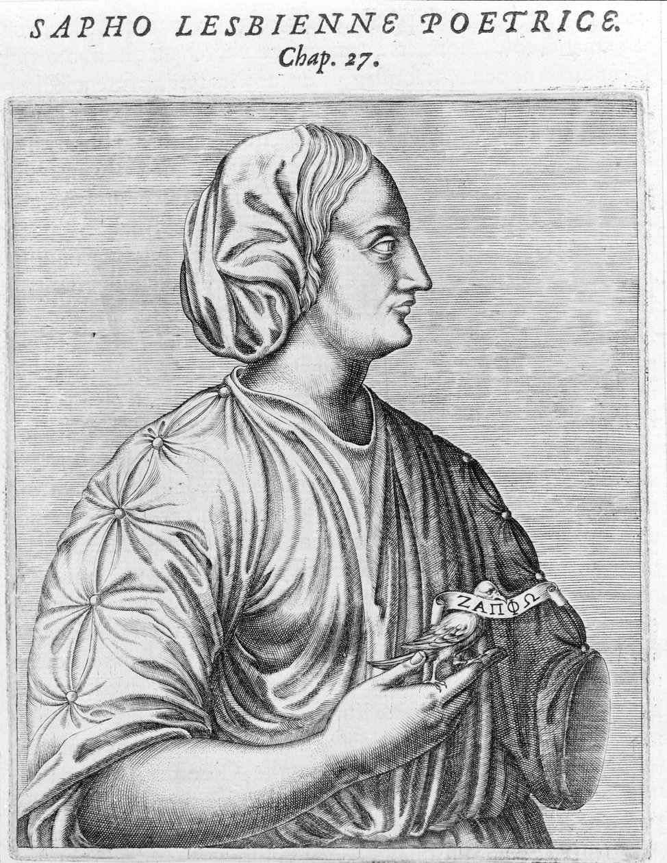 萨福（Sappho）诗人和女同性恋者。 18 世纪雕刻。 作者 未知艺术家