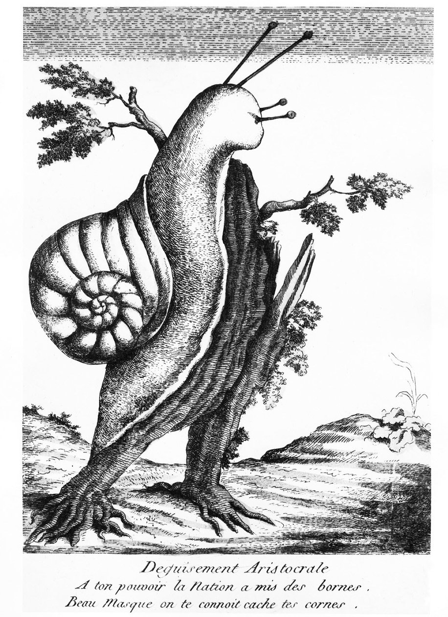 讽刺画：贵族伪装（树桩上的蜗牛）：“国家为你的力量设定了界限，美丽的面具，我们认识你，隐藏你的角”——1790 年，Musée Carnavalet。 作者 未知艺术家