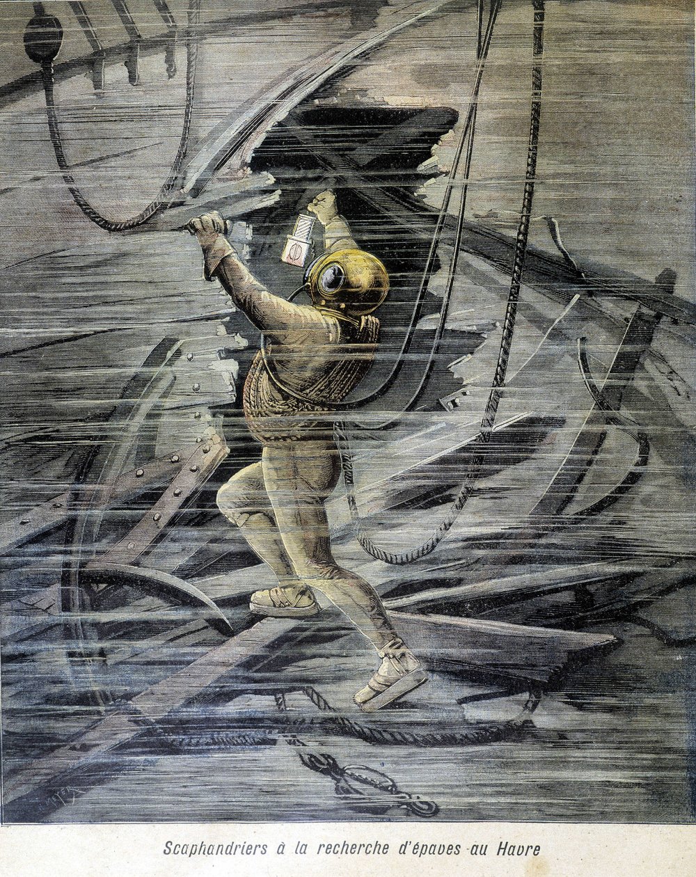 Scaphandrier 在勒阿弗尔寻找残骸。 1892 年的“小杂志”插图。 作者 未知艺术家