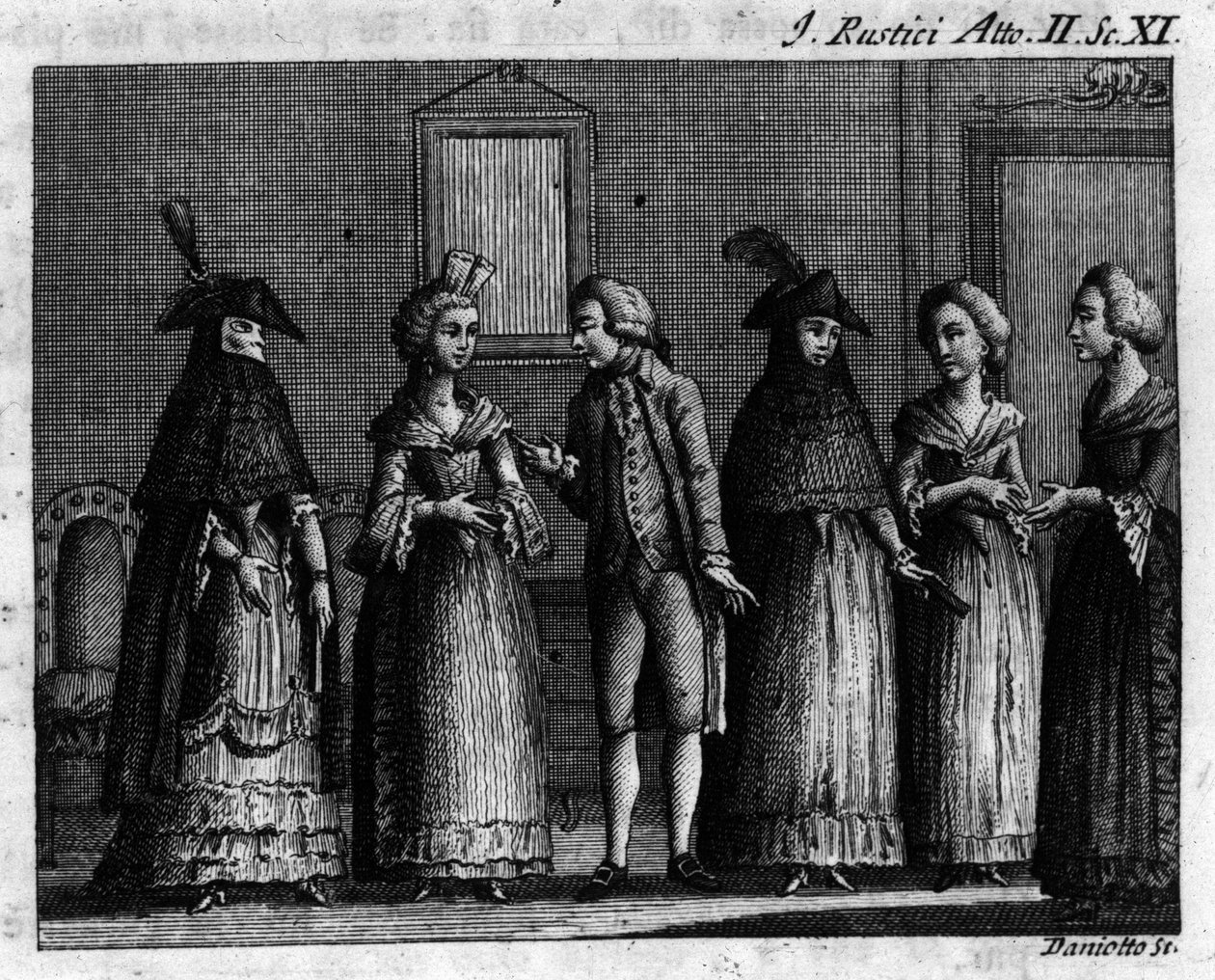 Carlo Goldoni（1707-1793）的漫画作品“I rustici”（Les rustres）（1760 年）第二幕第 11 幕。 18 世纪的雕刻 作者 未知艺术家