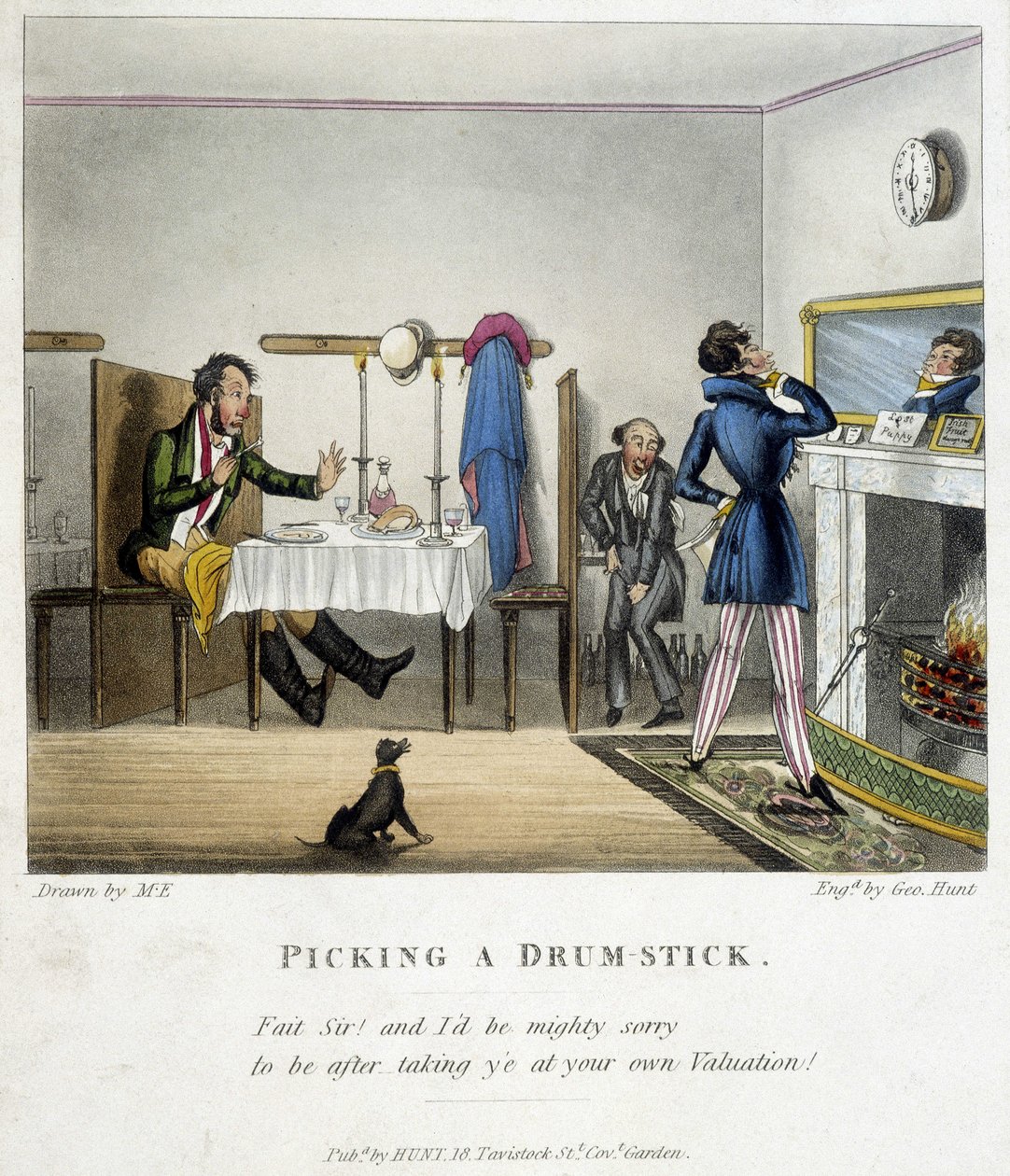 Scene depicting three men in an English restaurant. One of them (the sitting man), drunk, apologizes ironically to the man looking at himself in the mirror for stealing his share of chicken. Illustration by M. E. of the late 19th century. 作者 未知艺术家