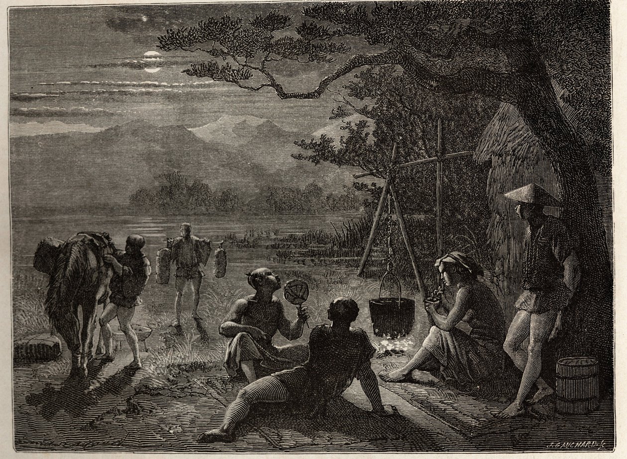 Scene of rest of the country, in the moonlight, mats are erected on the ground after the day of work. Engraving to illustrate the voyage to Japan in 1863-1864, by Aime Humbert, minister of the Swiss Confederation, in “Le tour du monde, nouveau journal des  作者 未知艺术家