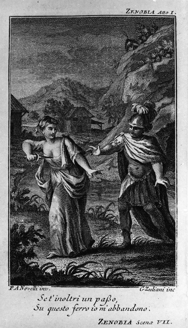 “Zenobia”（Zenobie）第一幕的场景，作曲家 Niccolo Vito Piccinni（或 Piccini）（1728-1800）（1756 年）的歌剧改编自 Pietro Metastasio（Metastase）的剧本。 18 世纪末的雕刻 作者 未知艺术家