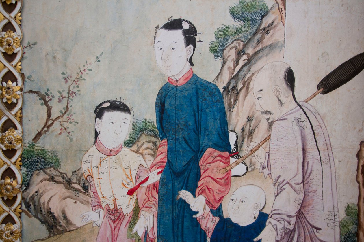 中国的日常生活场景，中国墙纸的细节，中国柜子，狩猎住宅，由菲利普-朱瓦拉（1678-1736）创作，意大利皮埃蒙特的Stupinigi。 作者 未知艺术家