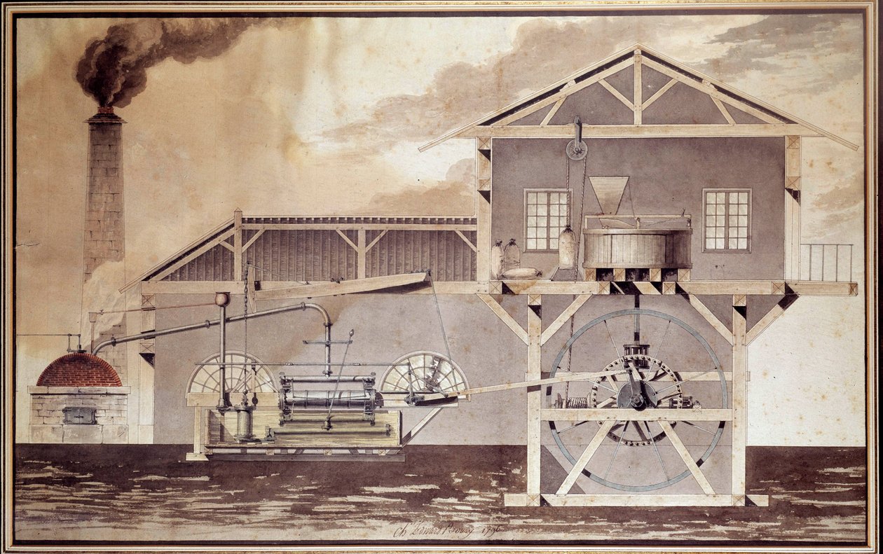 科技：“一台蒸汽机，一台磨粉机””爱德华·伯里的画作。 1796. 巴黎，国立工艺美术学院 作者 未知艺术家