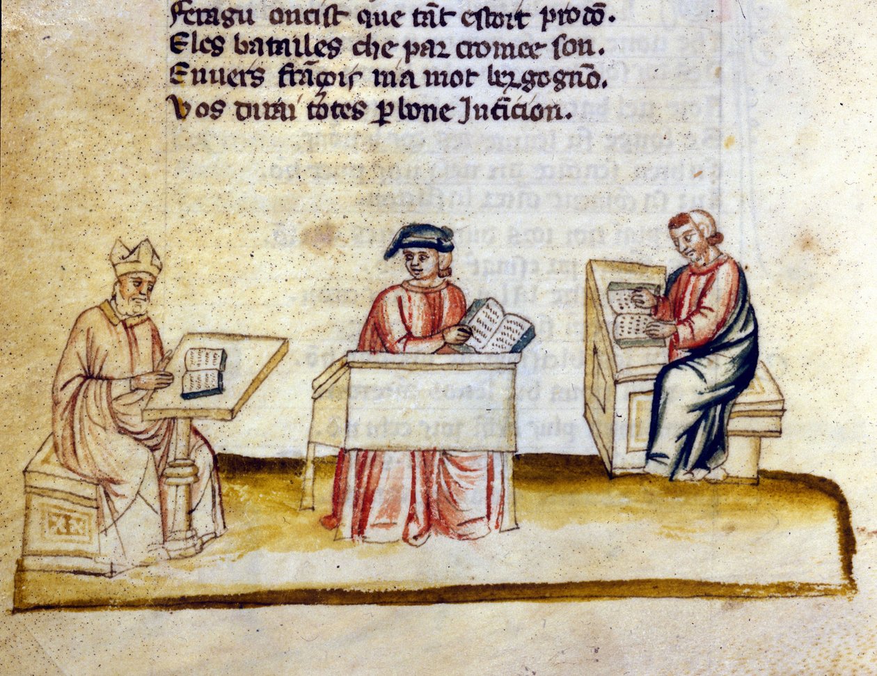 Scientists studying in a monastery. Miniature from the French-Italian manuscript “” Entree d
