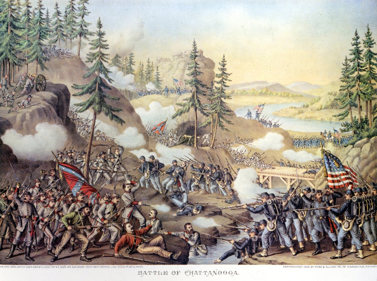 分离战争 (1861 - 1865) 或美国公民 Giuerre：24-25/11/1863：在田纳西州查塔努加的两天战斗后，罗斯克兰将军指挥的北方军队取得胜利。 雕刻。 作者 未知艺术家