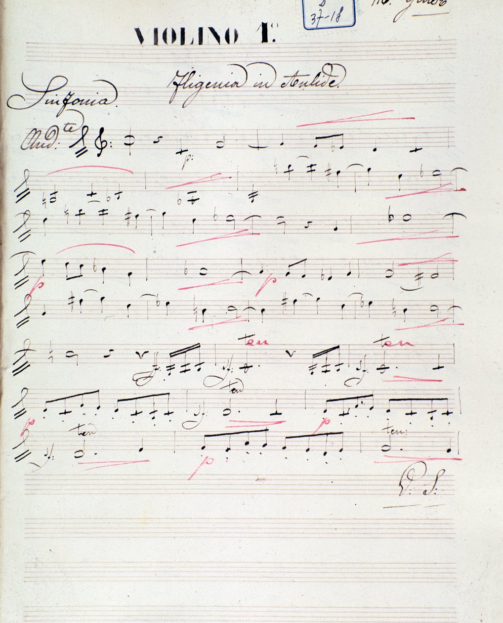 Sheet music page for the first violin of Iphigenie en Aulide, opera by C. W. Gluck, c.1774 作者 未知艺术家