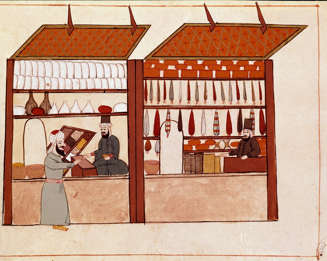 Shops in the streets of Constantinople. Miniature taken from a 19th century Cicogna manuscript (1828) after an original from the 17th century (1671). Venice, Biblioteca Marciana 作者 未知艺术家